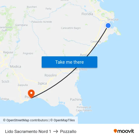 Lido Sacramento Nord 1 to Pozzallo map