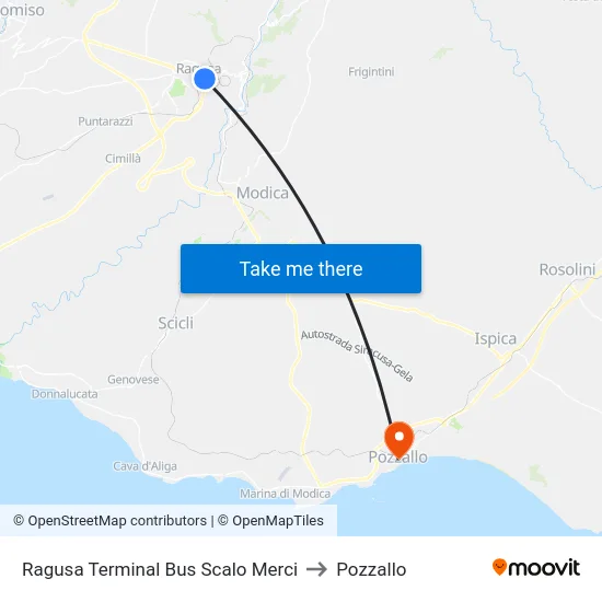 Ragusa Terminal Bus Scalo Merci to Pozzallo map