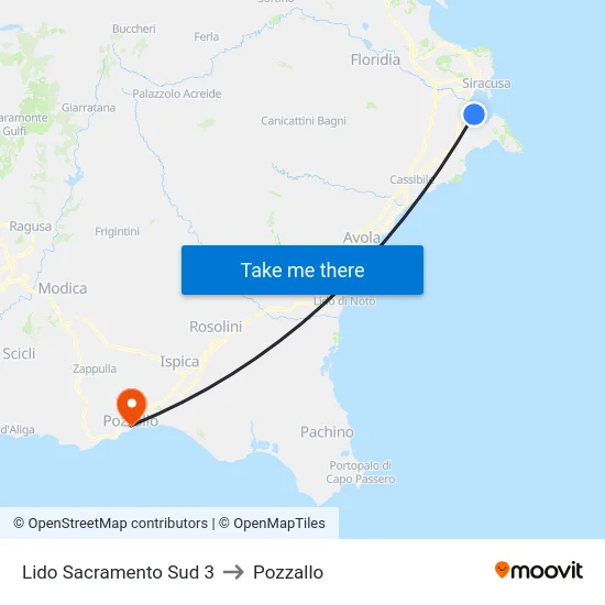 Lido Sacramento Sud 3 to Pozzallo map