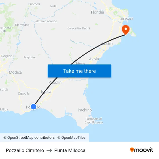 Pozzallo Cimitero to Punta Milocca map