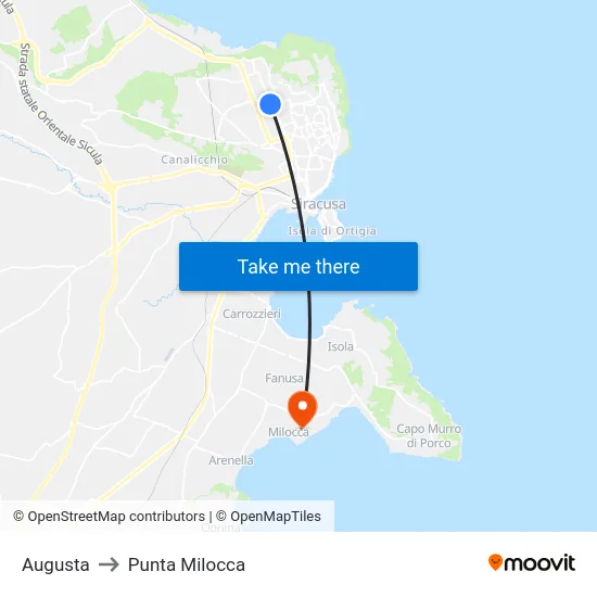 Augusta to Punta Milocca map