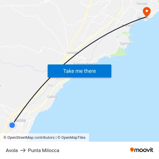 Avola to Punta Milocca map