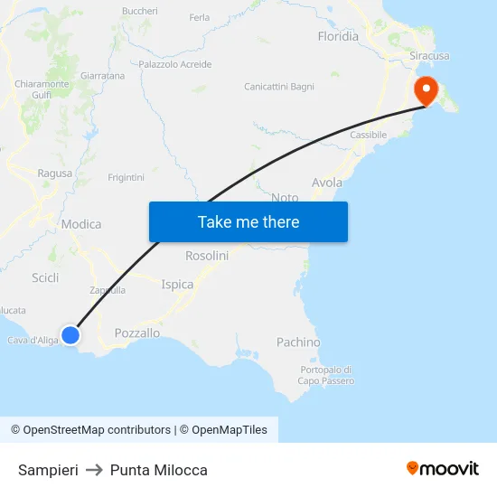 Sampieri to Punta Milocca map
