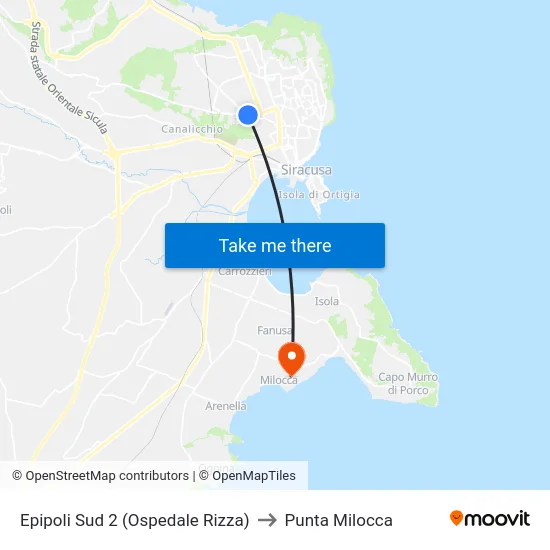 Epipoli Sud 2 (Ospedale Rizza) to Punta Milocca map