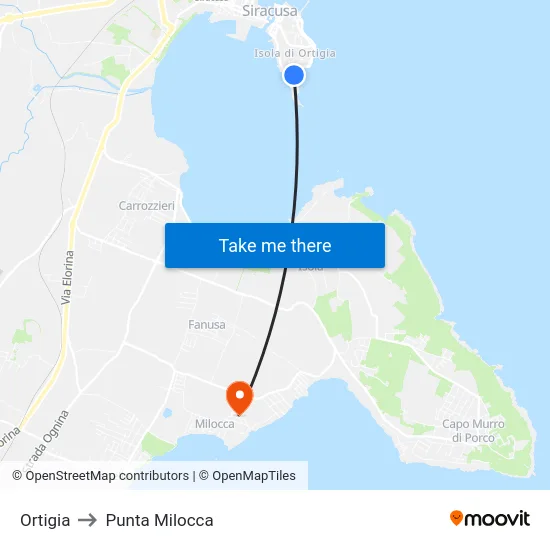 Ortigia to Punta Milocca map