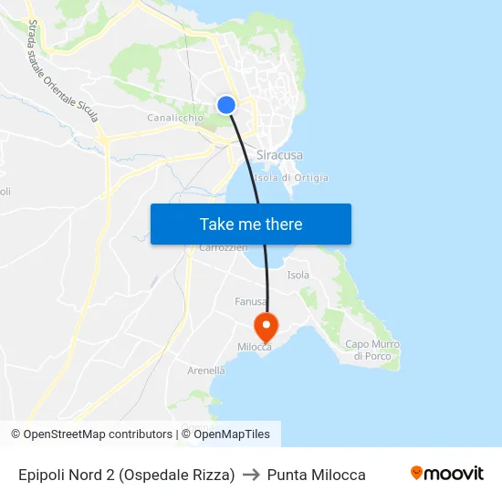 Epipoli Nord 2 (Ospedale Rizza) to Punta Milocca map
