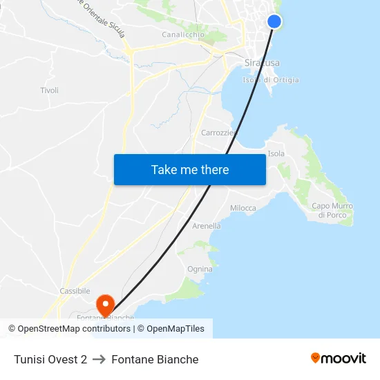 Tunisi Ovest 2 to Fontane Bianche map