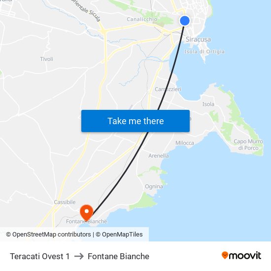 Teracati Ovest 1 to Fontane Bianche map