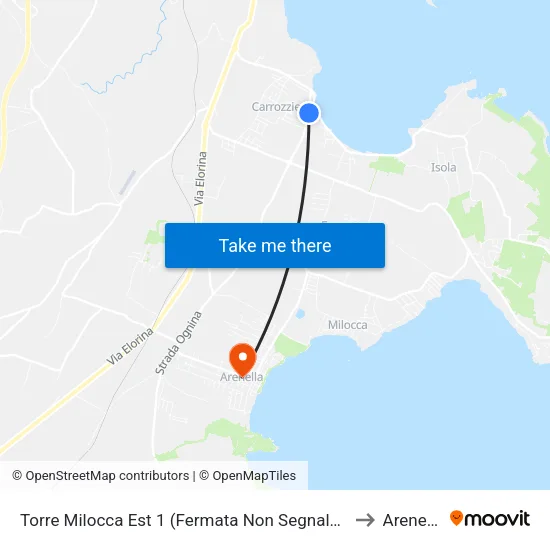 Torre Milocca East 1 (Unmarked Stop) to Arenella map
