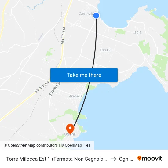 Torre Milocca East 1 (Unmarked Stop) to Ognina map