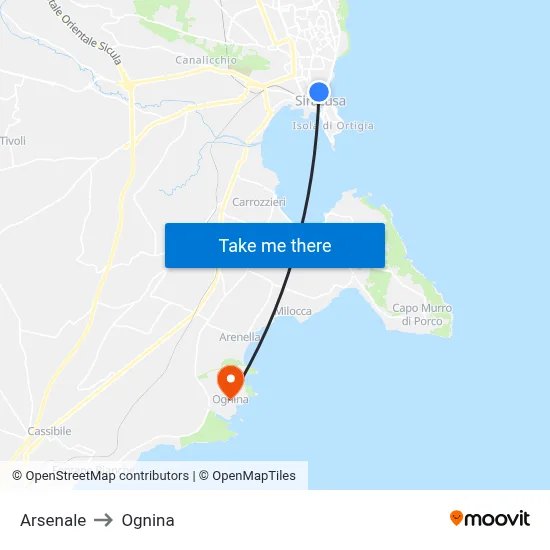 Arsenal to Ognina map