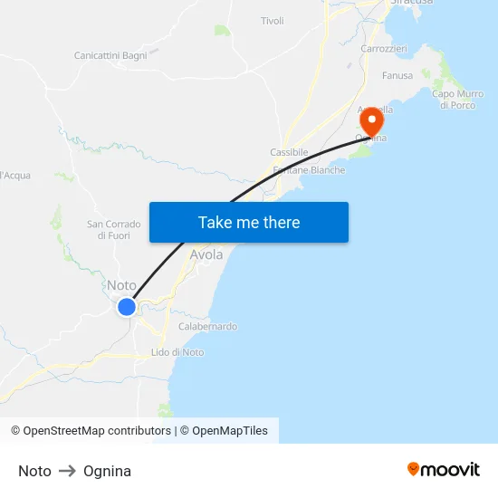 Noto to Ognina map