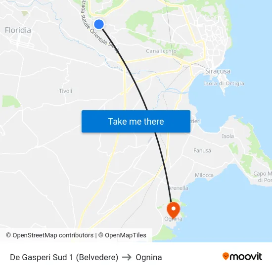 De Gasperi Sud 1 (Belvedere) to Ognina map