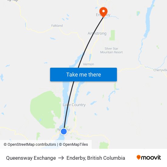 Queensway Exchange to Enderby, British Columbia map