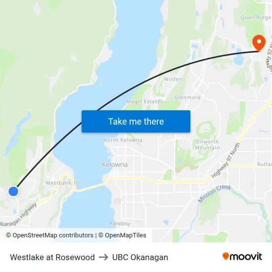 Westlake at Rosewood to UBC Okanagan map