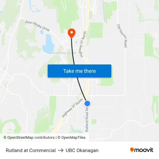 Rutland at Commercial to UBC Okanagan map