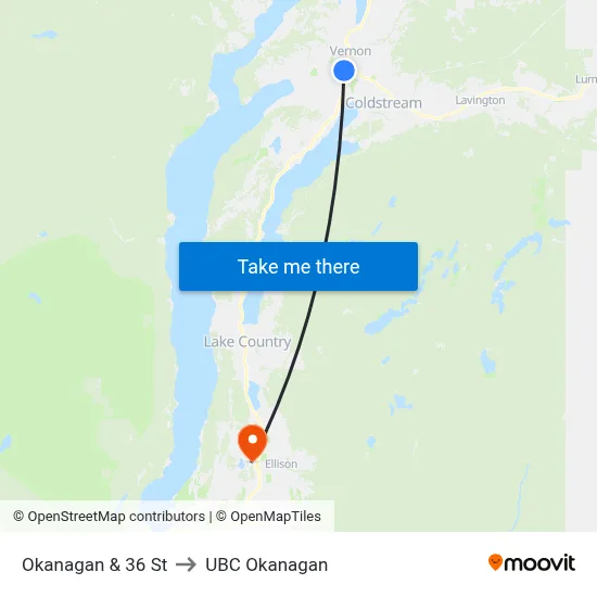 Okanagan & 36 St to UBC Okanagan map