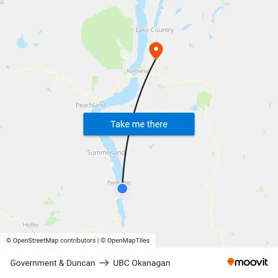Government & Duncan to UBC Okanagan map
