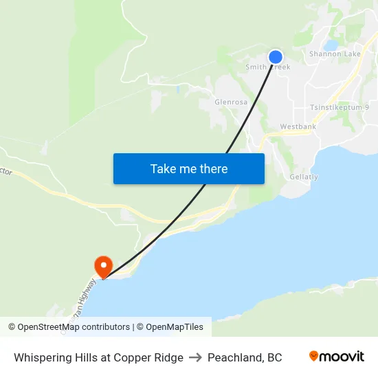 Whispering Hills at Copper Ridge to Peachland, BC map