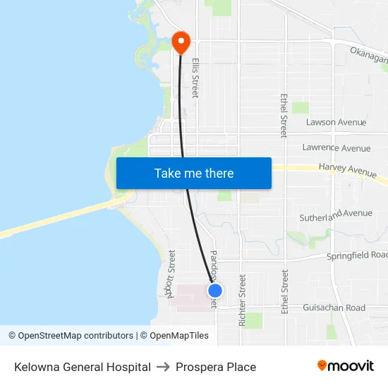 Kelowna General Hospital to Prospera Place map