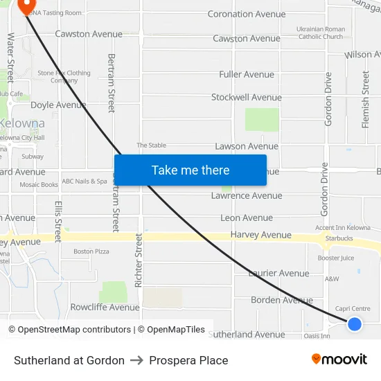 Sutherland at Gordon to Prospera Place map