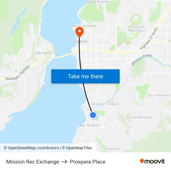Mission Rec Exchange to Prospera Place map
