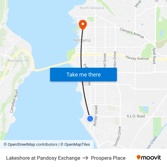 Lakeshore at Pandosy Exchange to Prospera Place map