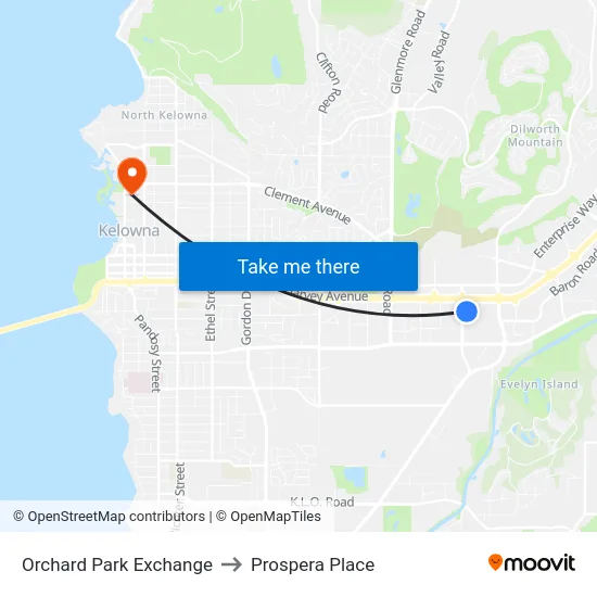 Orchard Park Exchange to Prospera Place map