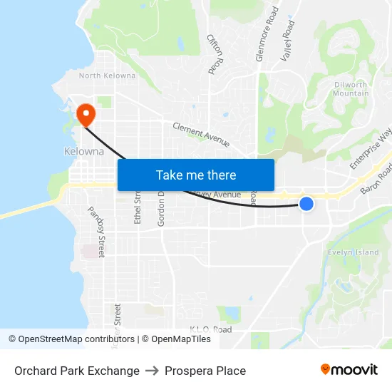 Orchard Park Exchange to Prospera Place map