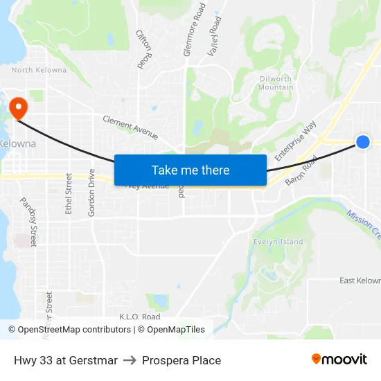 Hwy 33 at Gerstmar to Prospera Place map