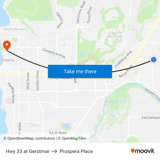 Hwy 33 at Gerstmar to Prospera Place map