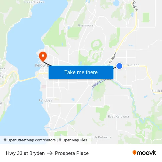 Hwy 33 at Bryden to Prospera Place map