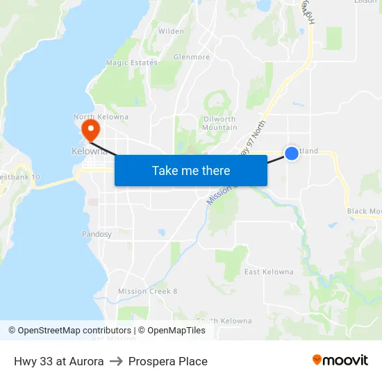 Hwy 33 at Aurora to Prospera Place map