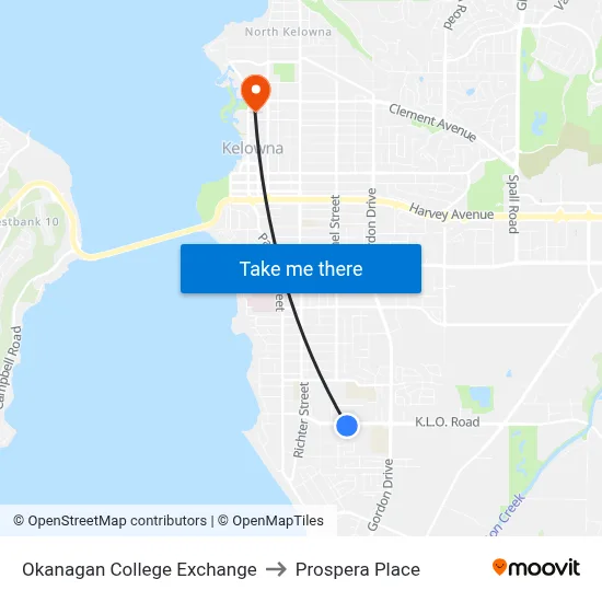 Okanagan College Exchange to Prospera Place map