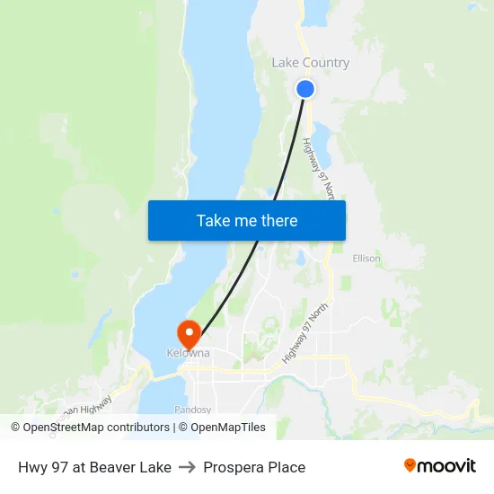 Hwy 97 at Beaver Lake to Prospera Place map