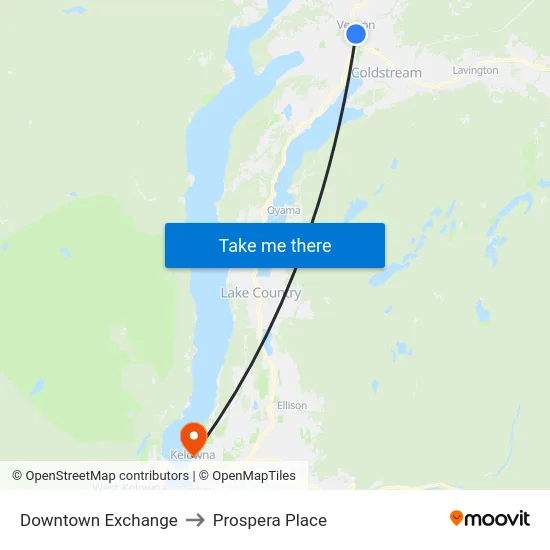 Downtown Exchange to Prospera Place map