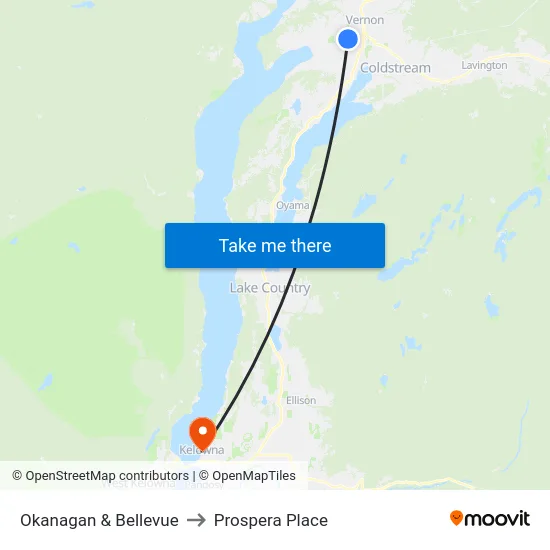 Okanagan & Bellevue to Prospera Place map
