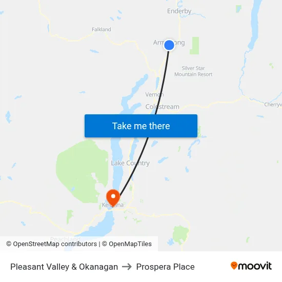 Pleasant Valley & Okanagan to Prospera Place map