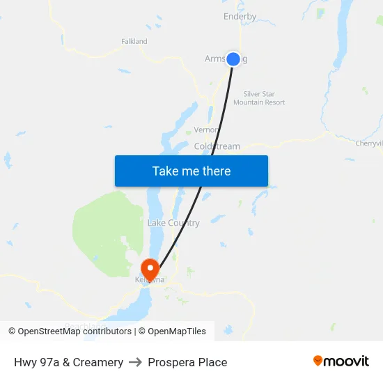 Hwy 97a & Creamery to Prospera Place map