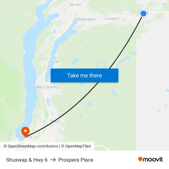 Shuswap & Hwy 6 to Prospera Place map