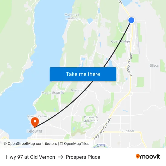 Hwy 97 at Old Vernon to Prospera Place map