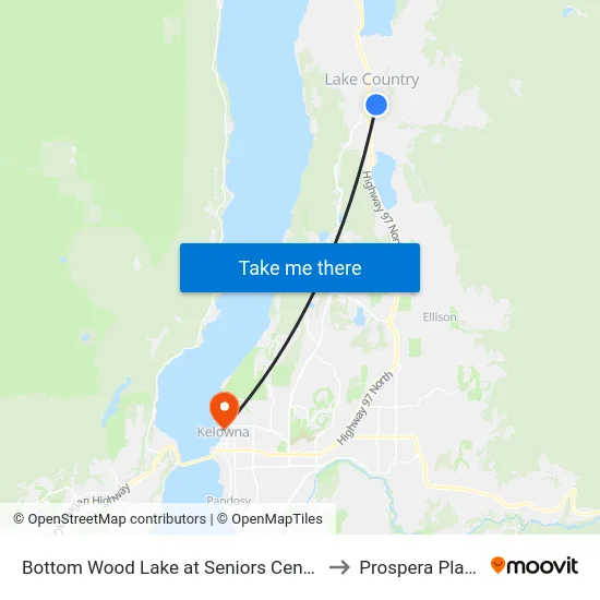 Bottom Wood Lake at Seniors Centre to Prospera Place map