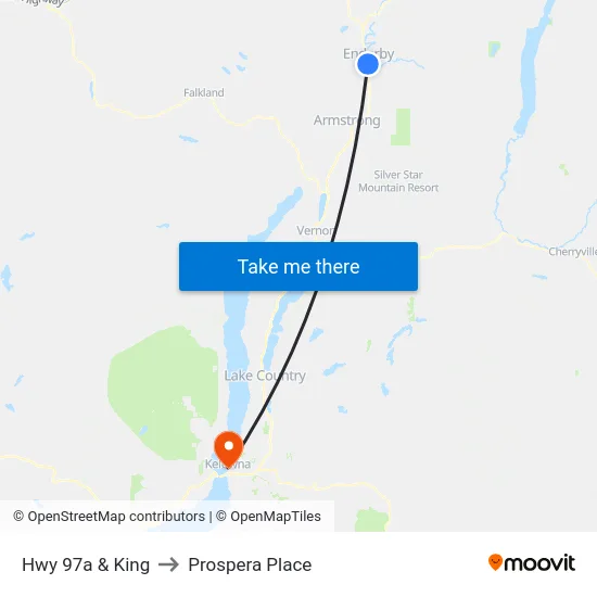Hwy 97a & King to Prospera Place map