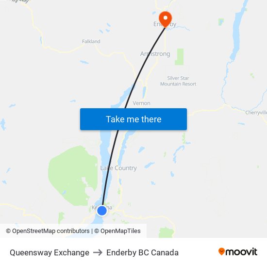 Queensway Exchange to Enderby BC Canada map