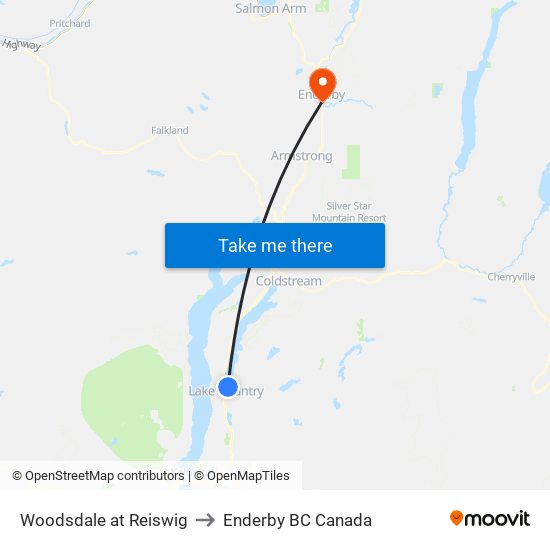 Woodsdale at Reiswig to Enderby BC Canada map