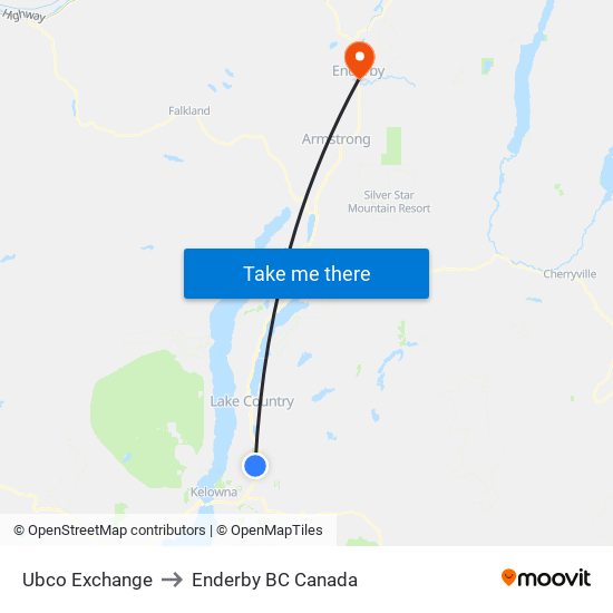 Ubco Exchange to Enderby BC Canada map