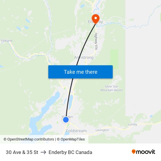 30 Ave & 35 St to Enderby BC Canada map