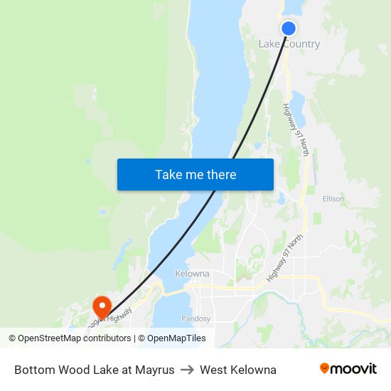 Bottom Wood Lake at Mayrus to West Kelowna map