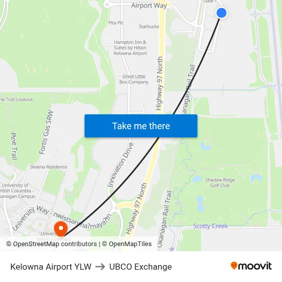 Kelowna Airport YLW to UBCO Exchange map