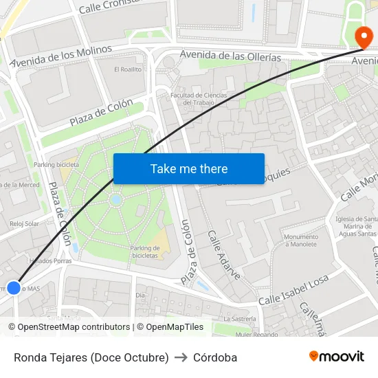 Ronda Tejares (Doce Octubre) to Córdoba map